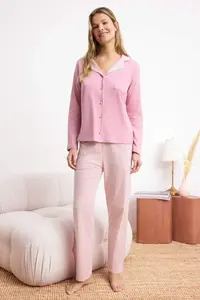 TRENDYOLMİLLA Pink 100% Cotton Striped Shirt Collar with pocket Knitting Pajama Set - Image 2