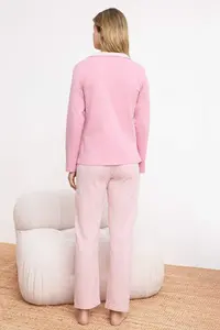 TRENDYOLMİLLA Pink 100% Cotton Striped Shirt Collar with pocket Knitting Pajama Set - Image 4