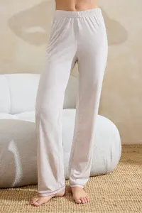 TRENDYOLMİLLA Beige Melange 100% Cotton Pocket Printed Sewing Detailed Knitting Pajama Set - Image 3
