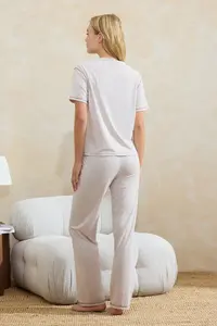 TRENDYOLMİLLA Beige Melange 100% Cotton Pocket Printed Sewing Detailed Knitting Pajama Set - Image 4