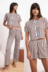TRENDYOLMİLLA Brown 3 Sets Striped Ribbon Detailed Knitting Pajama Set
