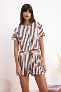TRENDYOLMİLLA Brown 3 Sets Striped Ribbon Detailed Knitting Pajama Set - Image 2