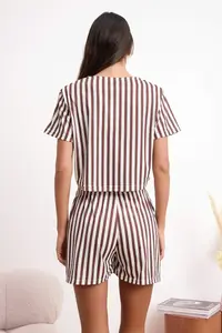 TRENDYOLMİLLA Brown 3 Sets Striped Ribbon Detailed Knitting Pajama Set - Image 6