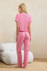 TRENDYOLMİLLA Pink 3 Sets Striped Ribbon Detailed Knitting Pajama Set - Image 6