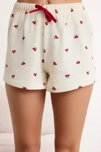 TRENDYOLMİLLA Ecru Cherry Embroidered Soft Toe Waffle Knitting Pajama Set - Image 3