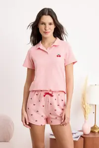TRENDYOLMİLLA Pink Cherry Embroidered Soft Toe Waffle Knitting Pajama Set - Image 2