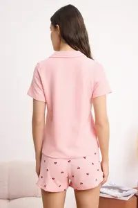 TRENDYOLMİLLA Pink Cherry Embroidered Soft Toe Waffle Knitting Pajama Set - Image 4