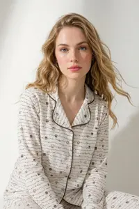 TRENDYOLMİLLA Brown Cotton animals Piped Ribbed Knitting Pajama Set - Image 2