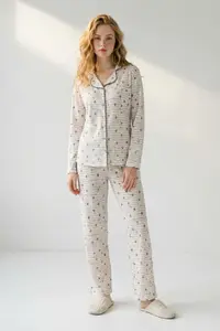 TRENDYOLMİLLA Brown Cotton animals Piped Ribbed Knitting Pajama Set - Image 3