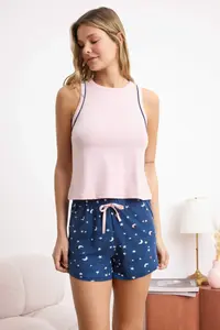 TRENDYOLMİLLA Pink-Navy Blue Galaxy Patterned Piped Knitting Pajama Set - Image 2