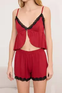 TRENDYOLMİLLA Burgundy Lace Detailed Tank Top Viscose Knitting Pajama Set - Image 3