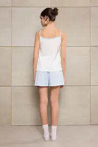 TRENDYOLMİLLA Teen White-Blue Printed Striped Waist Detailed Knitting Pajama Set - Image 4