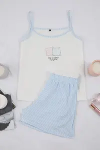 TRENDYOLMİLLA Teen White-Blue Printed Striped Waist Detailed Knitting Pajama Set - Image 5