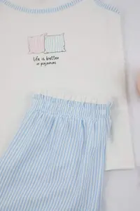 TRENDYOLMİLLA Teen White-Blue Printed Striped Waist Detailed Knitting Pajama Set - Image 6