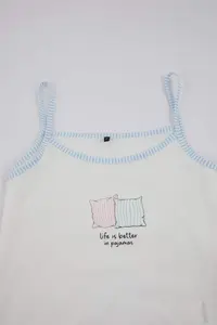 TRENDYOLMİLLA Teen White-Blue Printed Striped Waist Detailed Knitting Pajama Set - Image 7