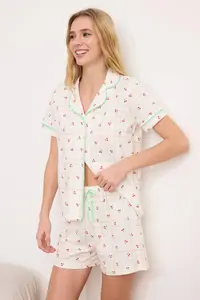 TRENDYOLMİLLA White Multicolored 100% Cotton Cherry Patterned Piped Knitting Pajama Set