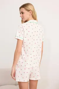TRENDYOLMİLLA White Multicolored 100% Cotton Cherry Patterned Piped Knitting Pajama Set - Image 4
