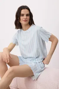 TRENDYOLMİLLA Mavi Striped Embroidery Detailed Knitting Pajama Set - Image 2