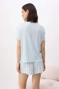 TRENDYOLMİLLA Mavi Striped Embroidery Detailed Knitting Pajama Set - Image 4