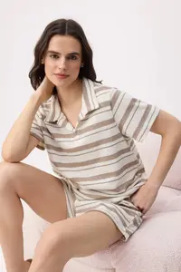 TRENDYOLMİLLA Beige-Mink Striped Knitwear look Knitting Pajama Set - Image 2