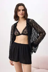 TRENDYOLMİLLA Black 3 Sets Lace Braletli Knitting Pajama Set