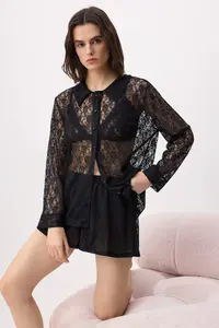 TRENDYOLMİLLA Black 3 Sets Lace Braletli Knitting Pajama Set - Image 3