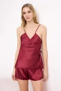 TRENDYOLMİLLA Burgundy Tie and Stripe Detailed Satin Weaving Pajama Set - Image 2