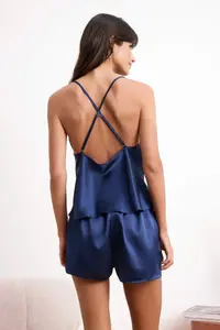 TRENDYOLMİLLA Navy Blue Embroidered Tulle Detailed Satin Weaving Pajama Set - Image 4