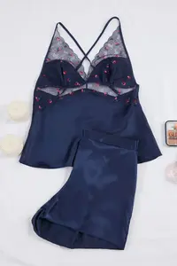 TRENDYOLMİLLA Navy Blue Embroidered Tulle Detailed Satin Weaving Pajama Set - Image 5