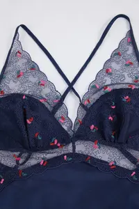 TRENDYOLMİLLA Navy Blue Embroidered Tulle Detailed Satin Weaving Pajama Set - Image 6