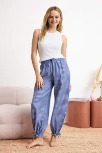 TRENDYOLMİLLA White-Blue Striped Balloon Fit Top Knitting Bottom Weaving Pajama Set