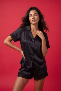 TRENDYOLMİLLA Black Lace Detailed Satin OF shorts Weaving Pajama Set