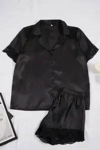TRENDYOLMİLLA Black Lace Detailed Satin OF shorts Weaving Pajama Set - Image 3