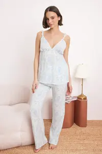 TRENDYOLMİLLA Mavi Floral Ruffle Detailed Viscose Weaving Pajama Set - Image 2