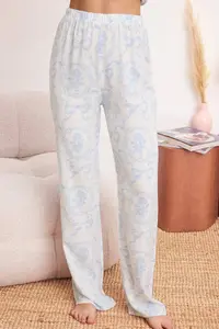 TRENDYOLMİLLA Mavi Floral Ruffle Detailed Viscose Weaving Pajama Set - Image 3