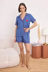 TRENDYOLMİLLA Mavi Heart Embroidered Striped Piping Detailed Premium Satin Weaving Pajama Set