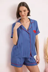 TRENDYOLMİLLA Mavi Heart Embroidered Striped Piping Detailed Premium Satin Weaving Pajama Set - Image 2