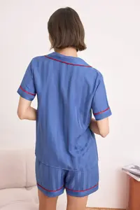 TRENDYOLMİLLA Mavi Heart Embroidered Striped Piping Detailed Premium Satin Weaving Pajama Set - Image 4