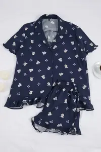 TRENDYOLMİLLA Navy Blue Cat, Dog and Ribbon/Bow Patterned Viscose Weaving Pajama Set