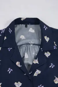 TRENDYOLMİLLA Navy Blue Cat, Dog and Ribbon/Bow Patterned Viscose Weaving Pajama Set - Image 2
