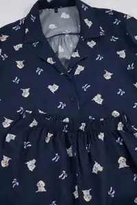 TRENDYOLMİLLA Navy Blue Cat, Dog and Ribbon/Bow Patterned Viscose Weaving Pajama Set - Image 3