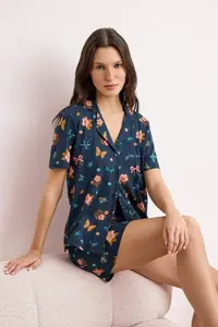 TRENDYOLMİLLA Navy Blue 100% Cotton Floral and Ribbon Patterned Knitting Pajama Set