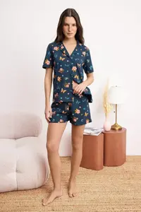 TRENDYOLMİLLA Navy Blue 100% Cotton Floral and Ribbon Patterned Knitting Pajama Set - Image 2