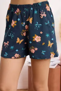 TRENDYOLMİLLA Navy Blue 100% Cotton Floral and Ribbon Patterned Knitting Pajama Set - Image 3