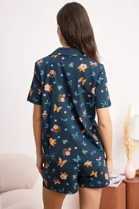 TRENDYOLMİLLA Navy Blue 100% Cotton Floral and Ribbon Patterned Knitting Pajama Set - Image 4