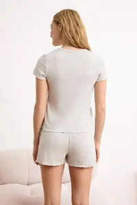 TRENDYOLMİLLA Beige Melange Ribbed Soft Touch Knitting Pajama Set - Image 4