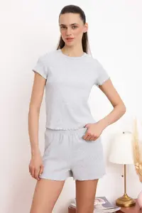 TRENDYOLMİLLA Gray Melange Ribbed Soft Touch Knitting Pajama Set