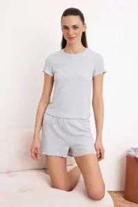 TRENDYOLMİLLA Gray Melange Ribbed Soft Touch Knitting Pajama Set - Image 2