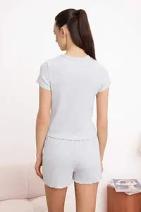 TRENDYOLMİLLA Gray Melange Ribbed Soft Touch Knitting Pajama Set - Image 4