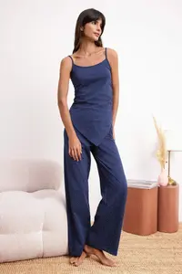TRENDYOLMİLLA Navy Blue Polka Dot Shirred Asymmetric Cotton Soft Handle Knitting Pajama Set